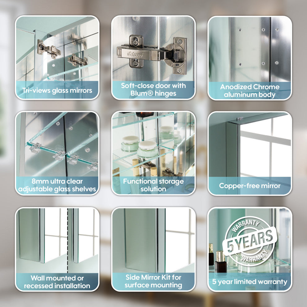 Recessed/Surface Mount Bathroom Medicine Cabinet, Soft-Close Blum Hinges, Left Swing, 16"x24"