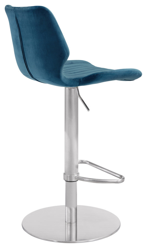 Teal Blue Velvet and Chrome Channel Adjustable Swivel Bar Stool
