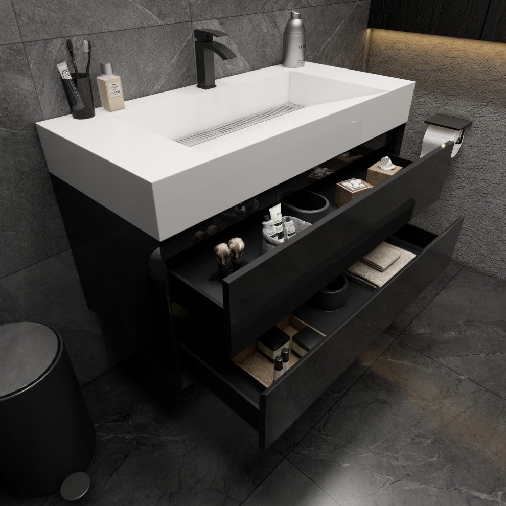 MAX 42" Floating Bath Vanity With Acrylic Sink, Gloss Black