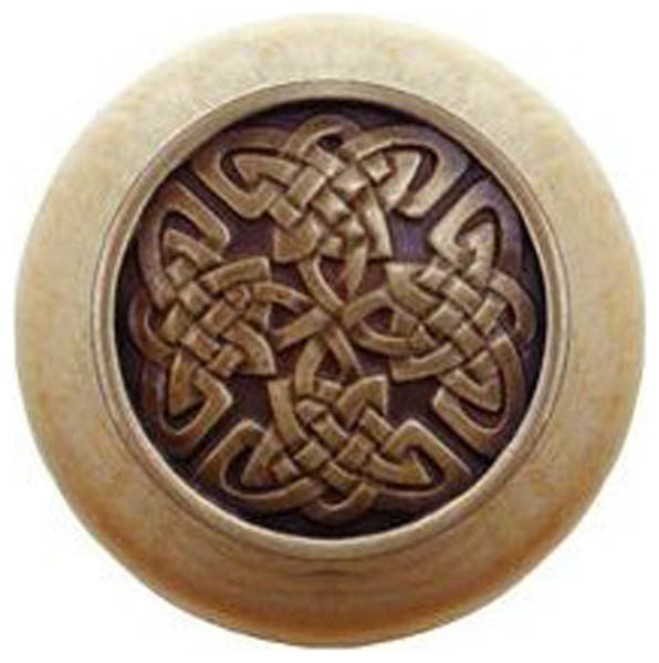 Celtic Isles Natural Wood Knob, Clear Finish With Antique-Style Brass