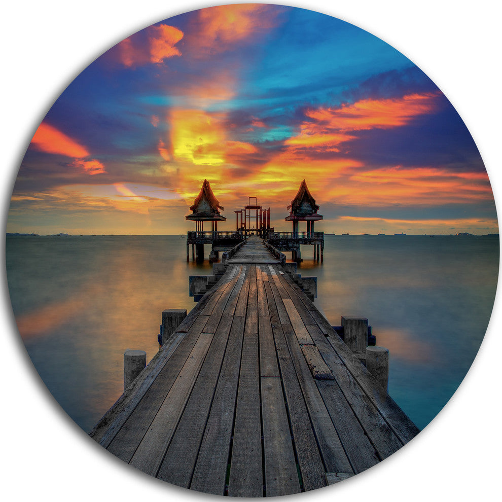 Wide Wooden Bridge Into Distant Sun, Sea Pier Disc Metal Artwork, 11"