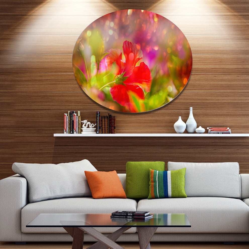 Beautiful Red Rural Summer Flowers, Floral Round Metal Wall Art, 11"