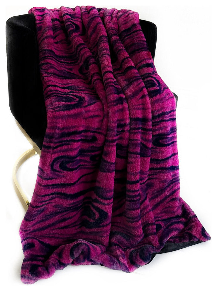 Plutus Fuchsia Black Galaxy Faux Fur Luxury Throw Blanket, Throw 60"W x 84"L