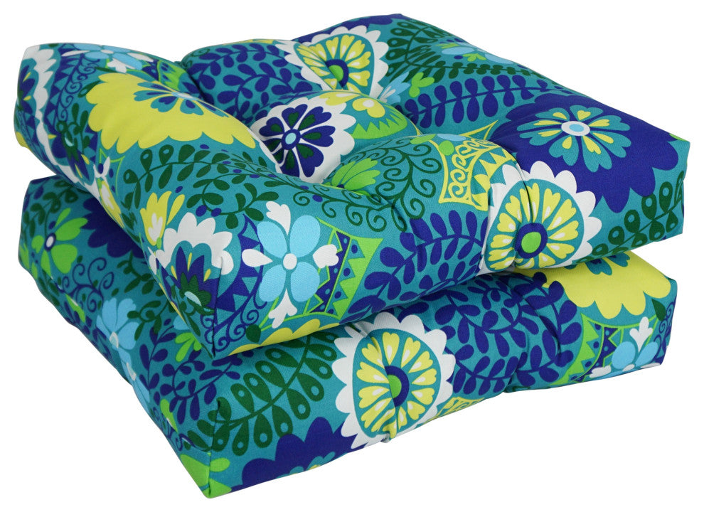 19" Squared Patterned Tufted Dining Chair Cushions, Set of 2, Luxury Azure