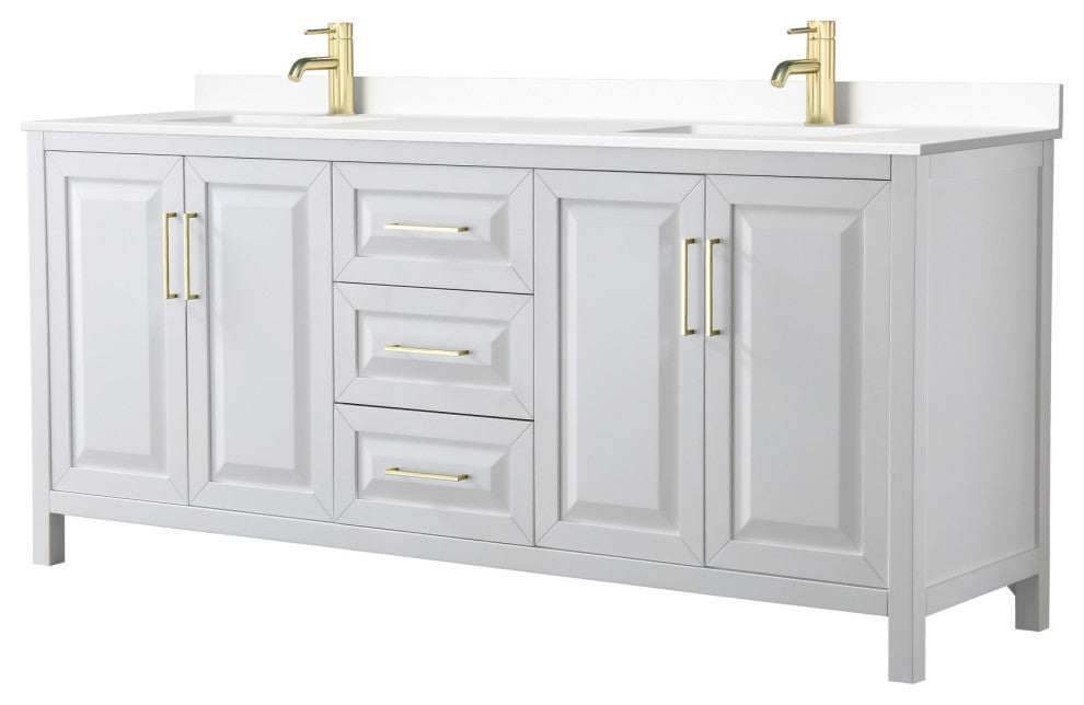 80"DBL Bath Vanity, White, White Cult. Marble Countertop, Sinks, Gold Trim