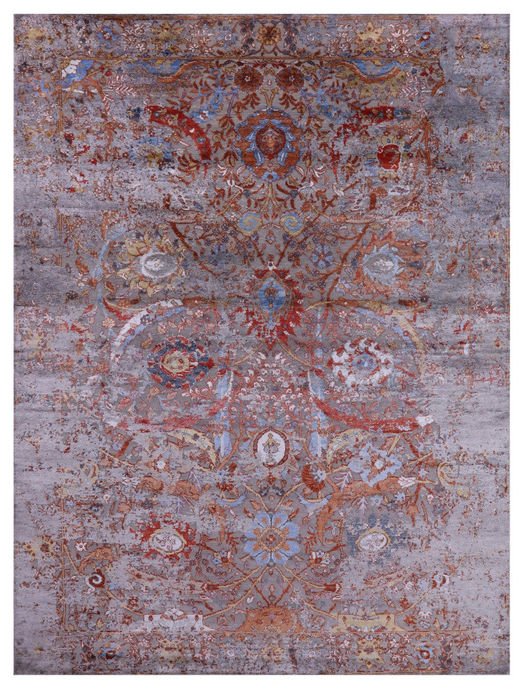 9' 0" X 12' 1" Persian Sickle Leaf Design Wool and Silk Hand Knotted Rug Q8716
