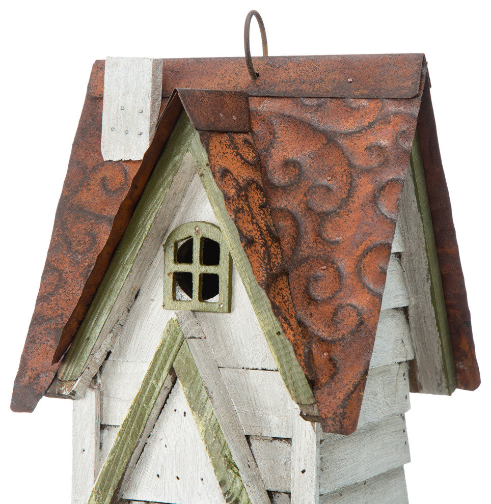 12"H Washed White Distressed Solid Wood Cottage Birdhouse