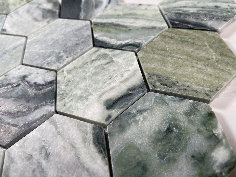 Sagano Vibrant Green Marble 3 inch Hexagon Mosaic Tile Honed, 1 sheet
