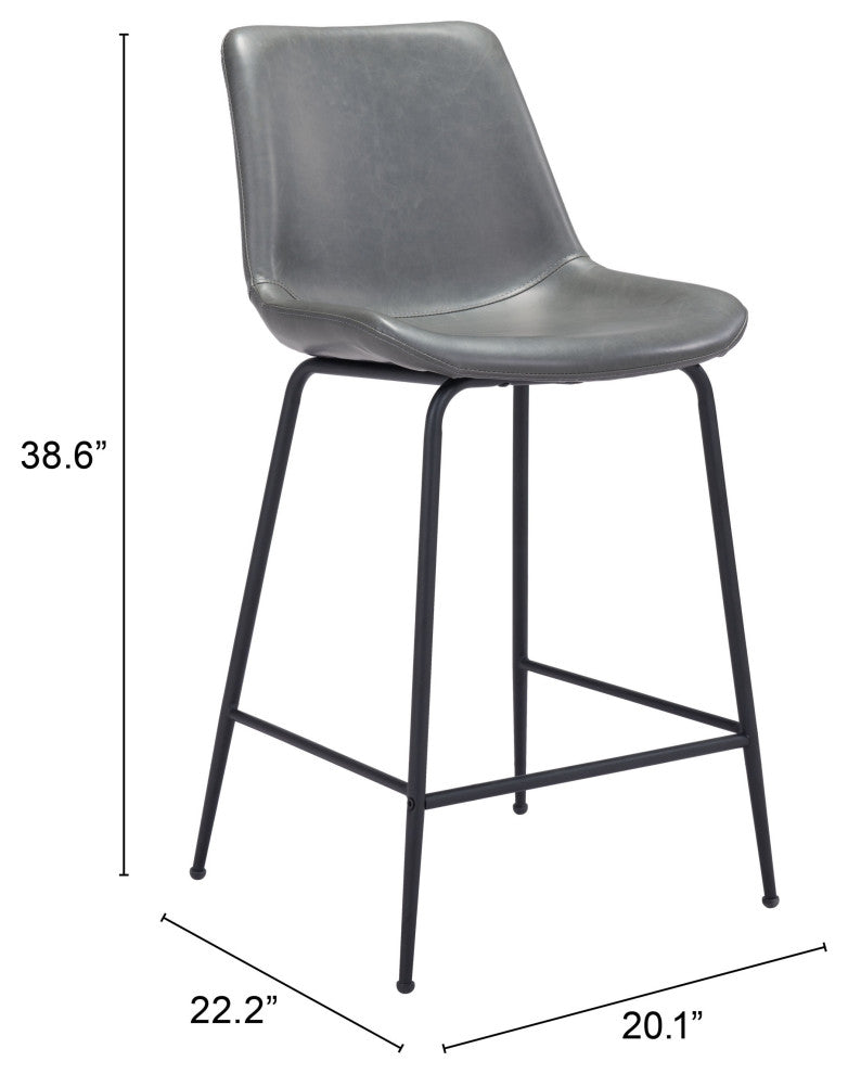 Counter Stool Chair, Faux Vinyl Leather, Steel, Gray, Black, Mid Century