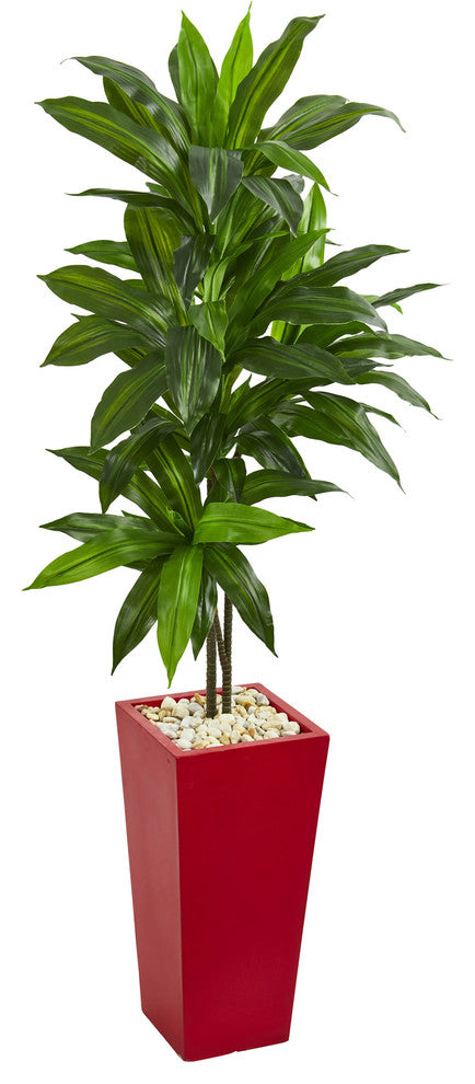 5" Dracaena Artificial Plant, Red Planter, Real Touch
