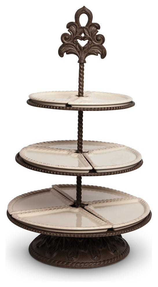 Cream Ceramic and Acanthus Leaf Metal 3-Tiered Server