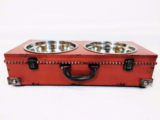Well-designed Pet Steel Double Bowl with Wooden Stand, Red