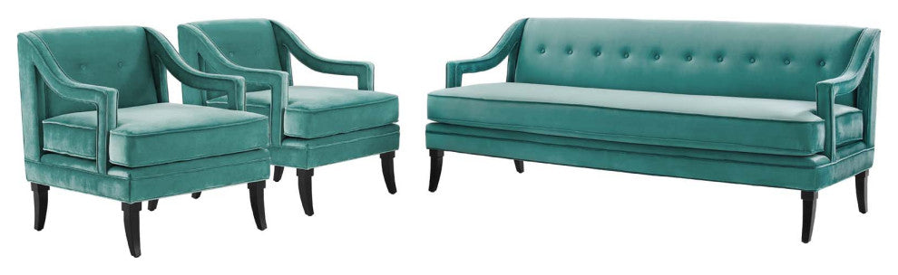 Armchair and Sofa Set, Set of 3, Velvet, Teal Blue, Modern, Lounge Hospitality