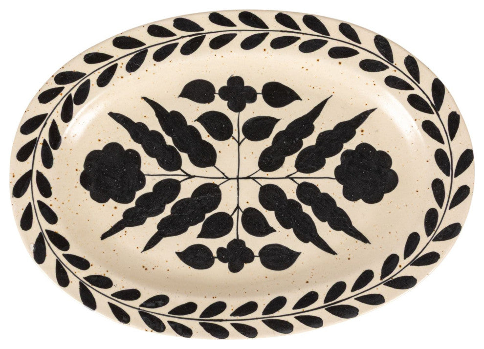Hand Painted Stoneware Platter with Floral Design, Black and White