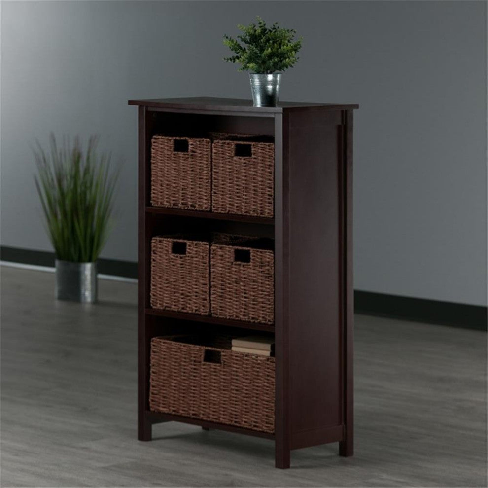 Milan 6-PieceStorage Shelf With 5 Foldable Woven Baskets, Walnut