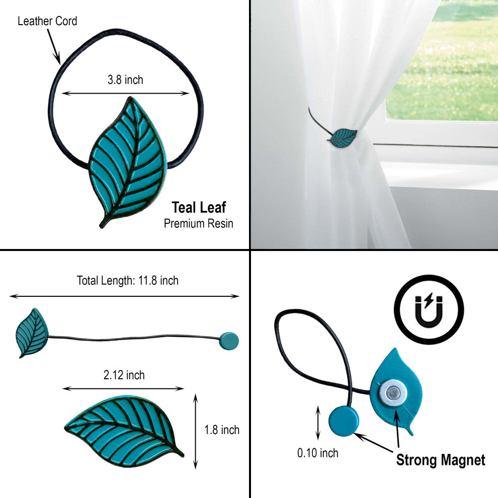 Magnetic Curtain Tiebacks "“ Leaf Design in Resin, Teal, Pack of 1