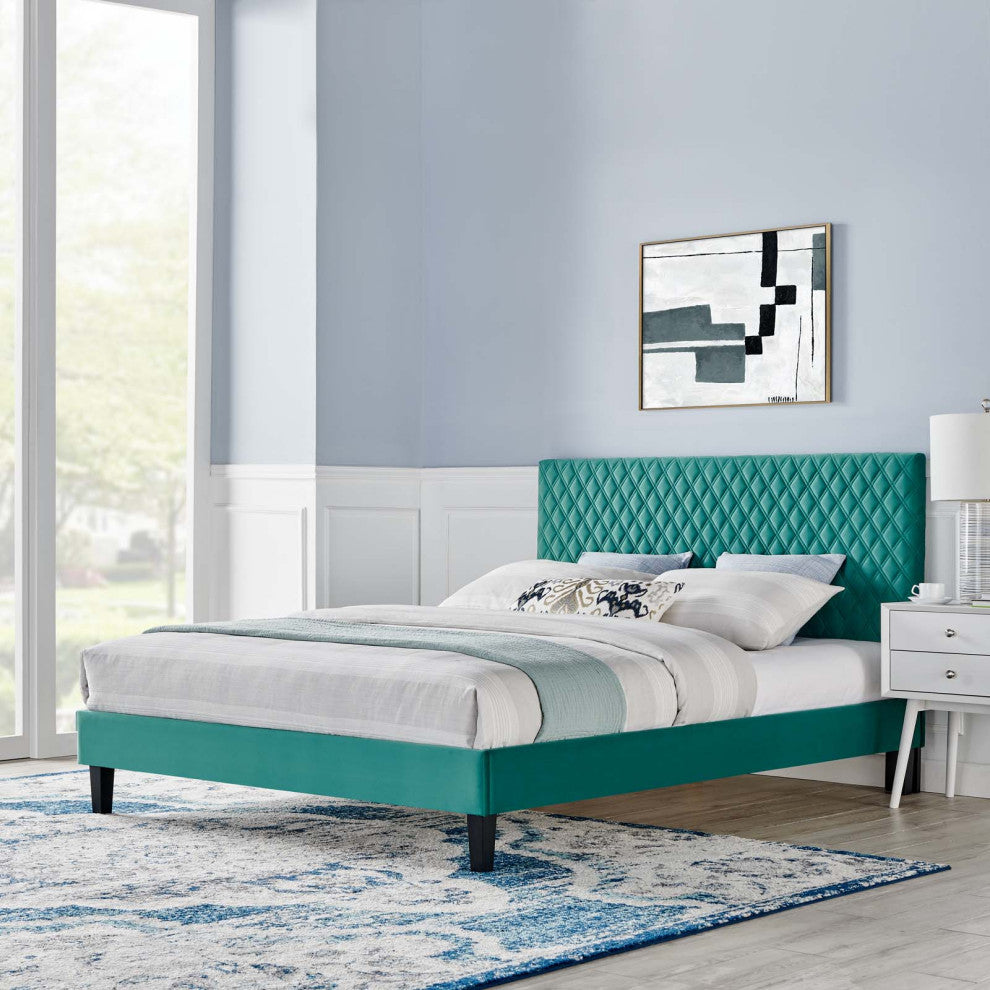 Platform Bed Frame, King Size, Teal Blue, Velvet, Modern, Bedroom Guest Suite