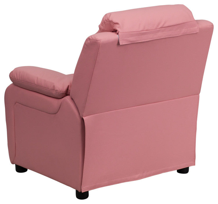Deluxe Padded Contemporary Pink Vinyl Kids Recliner With Storage Arms