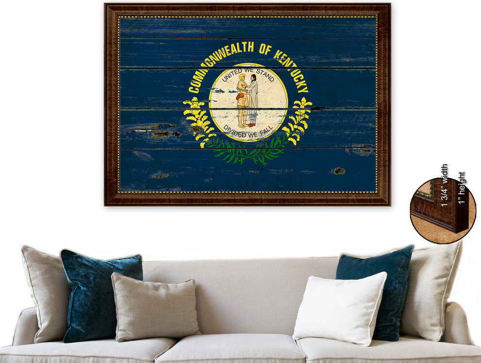 Kentucky State Vintage Flag Print With Brown Gold Frame, 19"X27"