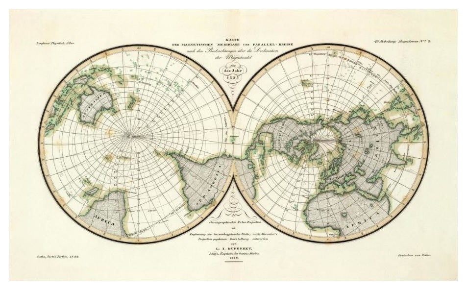 "Karte Der Magnetischen Meridiane und Parallel-Kreise, 1840" Paper Art, 24"x15"