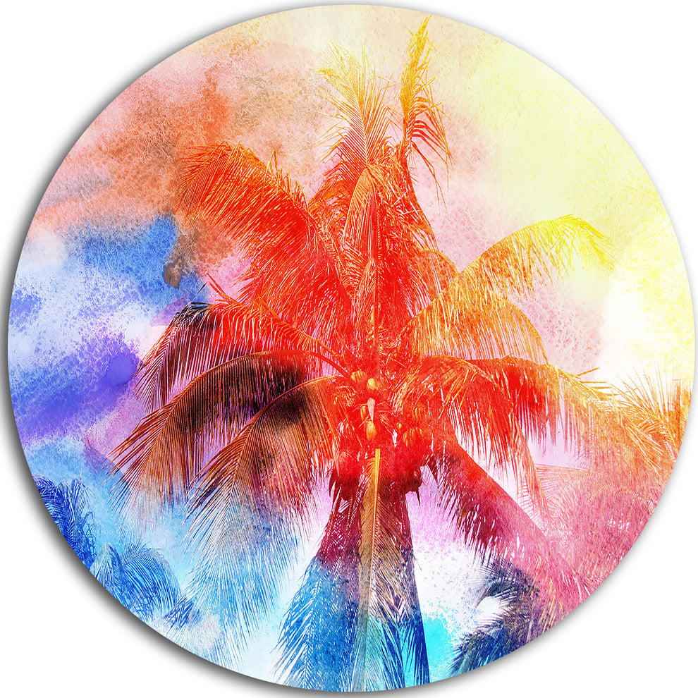 Retro Palms Red Watercolor, Trees Painting Disc Metal Artwork, 11"