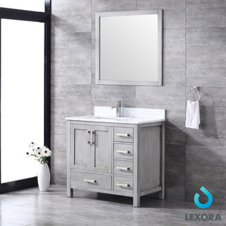 Jacques 36" Vanity, Wht Carrara Marble Top w/ 34" Mirror, Distressed Grey, Left