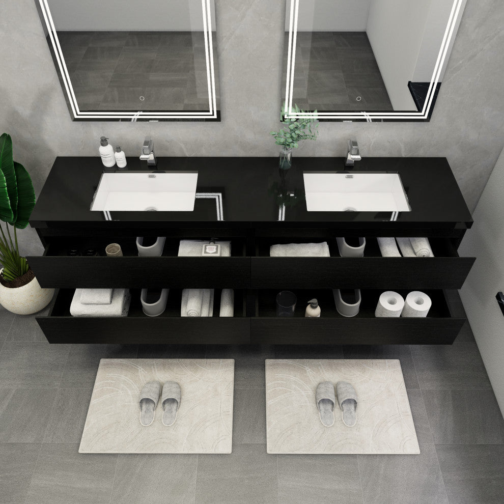 Belli 84" Double Sink Wall Mount Vanity Set, Rich Black Oak, Black Top