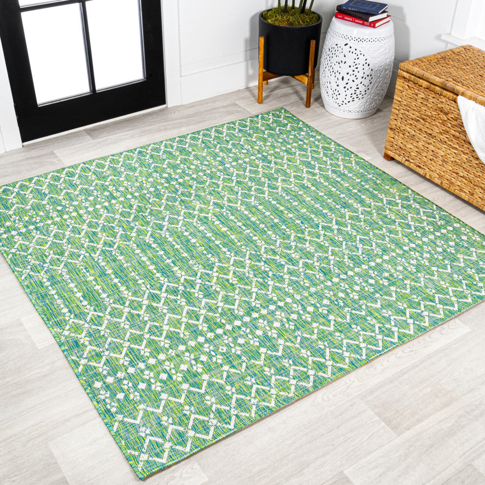 Ourika Moroccan Geometric Indoor/Outdoor Rug, Ivory/Green, 5' Square