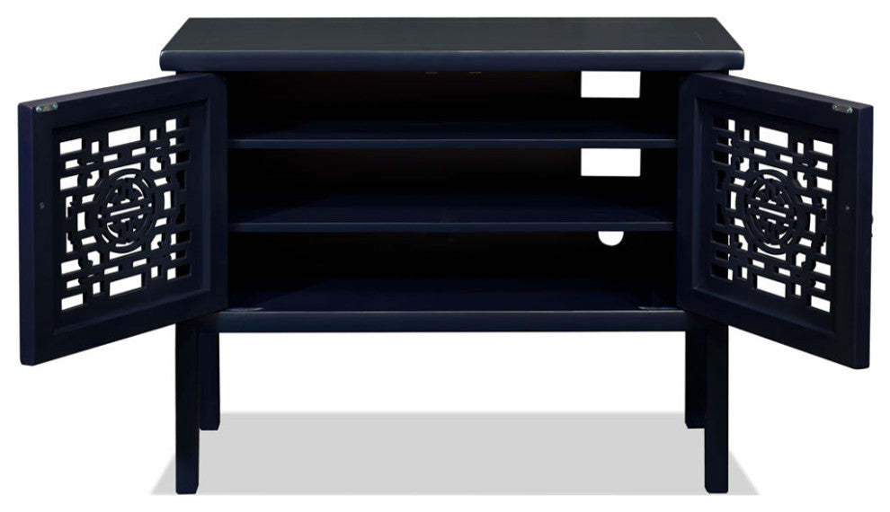 Navy Blue Elmwood Chinese Longevity Motif Cabinet with Lattice Doors