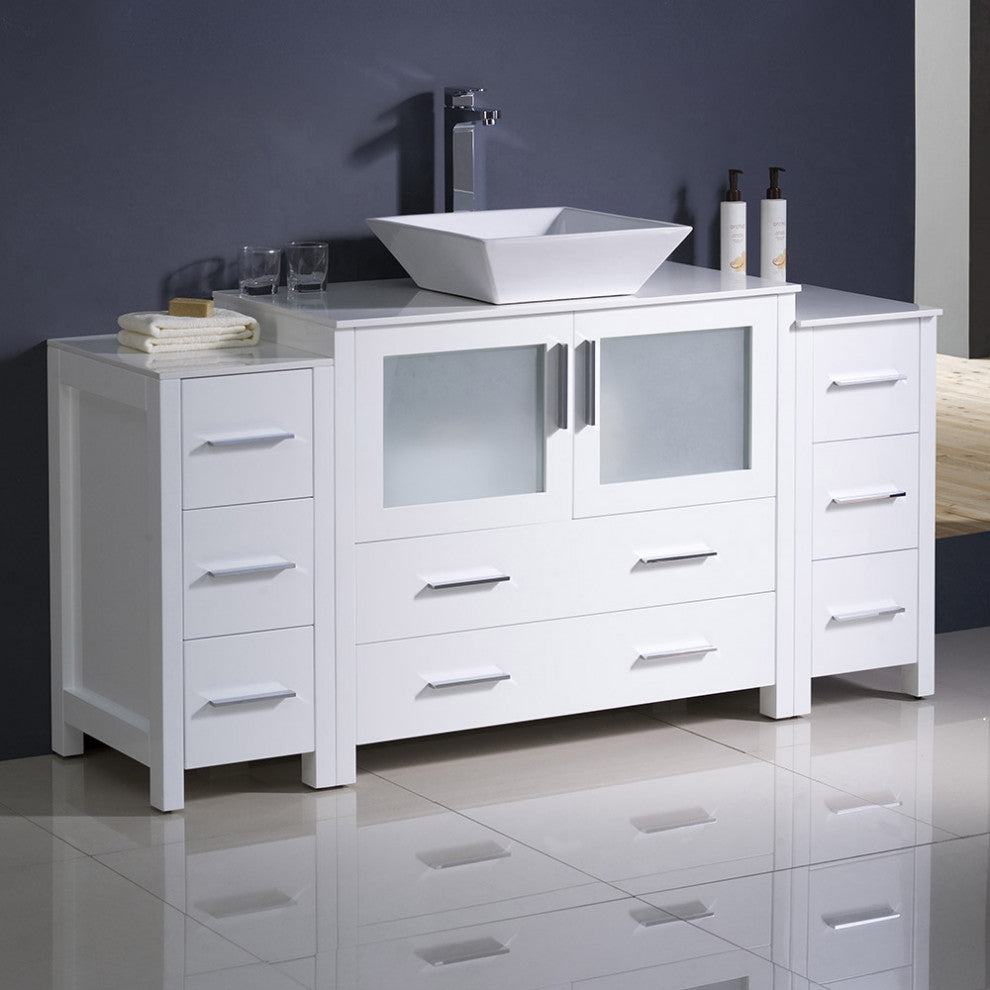 Torino 60" Bathroom Cabinet, White, With Top and Vessel Sink