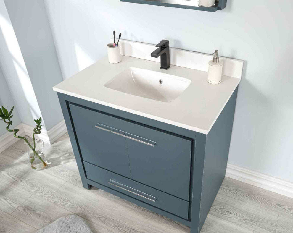 Mila Collection 36" Bathroom Vanity With Sink, Mirror, Countertop, Alasca Blue