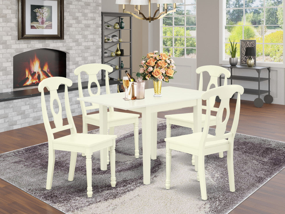 5Pc Dining Set, Table, 4 Chairs, Asian Hardwood Seat, Linen White