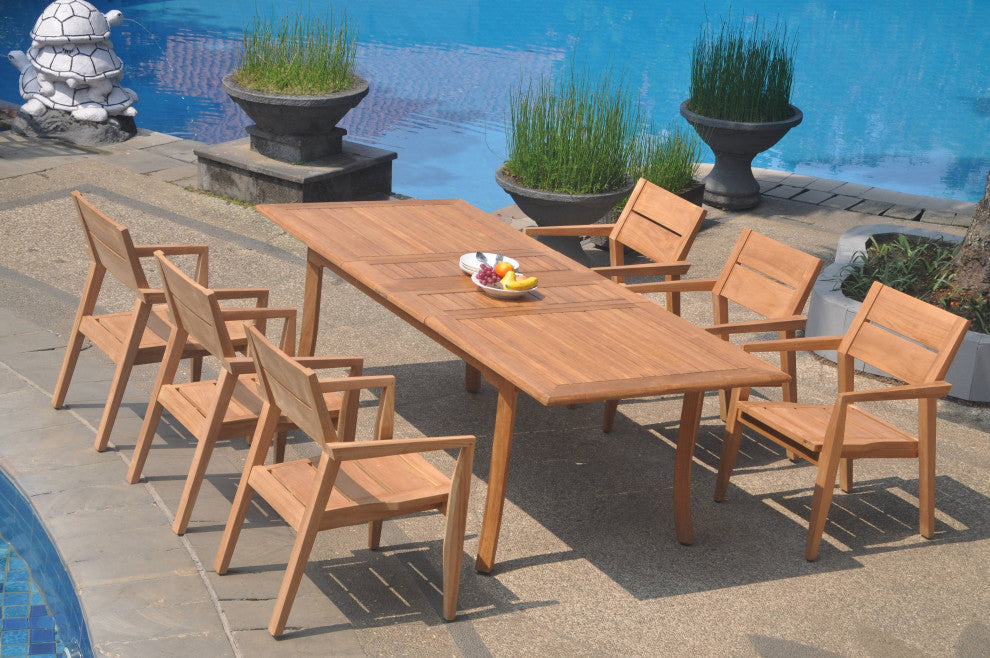 7-Piece Outdoor Teak Dining Set: 94" Rectangle Table, 6 Celo Stacking Arm Chairs