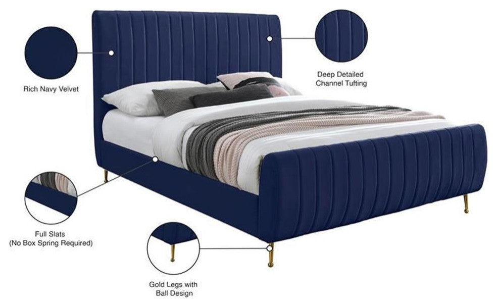 Maklaine Modern 49'H x 57'W x 86.8'D Contemporary Navy Velvet Full Bed