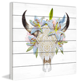 "Floral Crown Skull" Painting Print on White Wood, 18"x18"