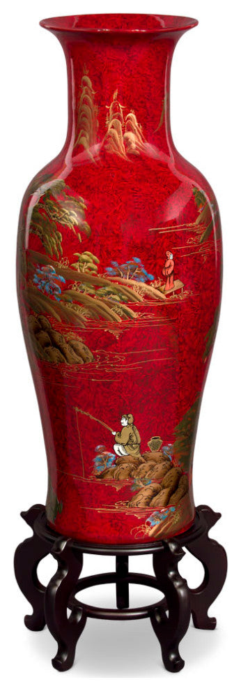 36in Red Lacquer Chinoiserie Scenery Motif Chinese Porcelain Vase