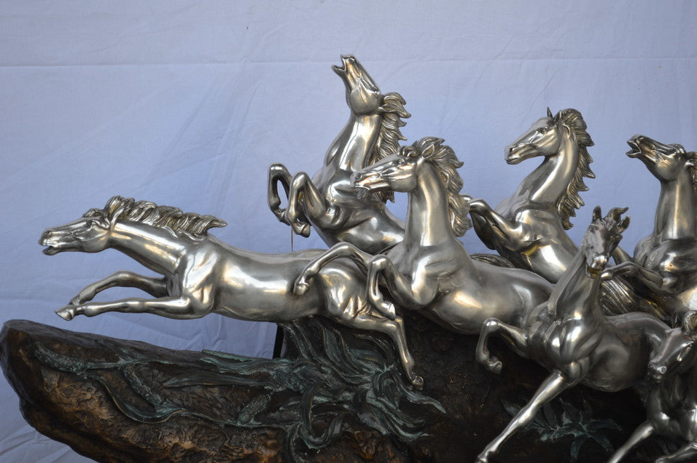 Eight Horses Running Bronze Statue Silver Finish