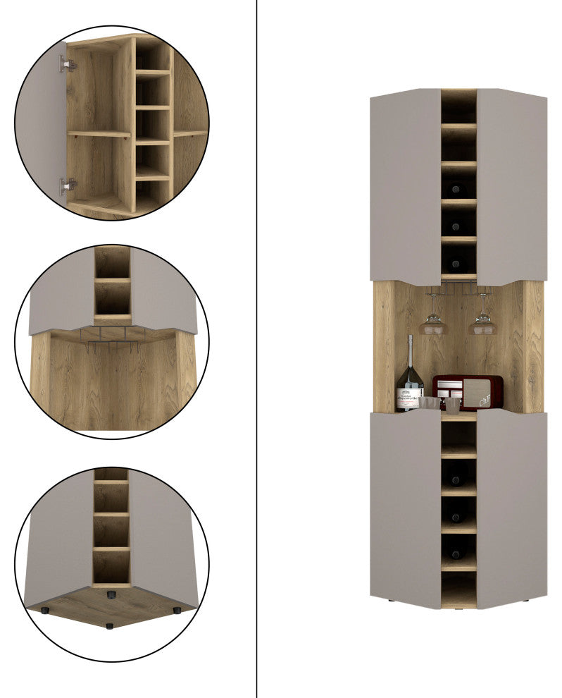 DEPOT E-SHOP Mecca Corner Bar Cabinet, 4 Doors, 8 Shelves, Macadamia/Taupe