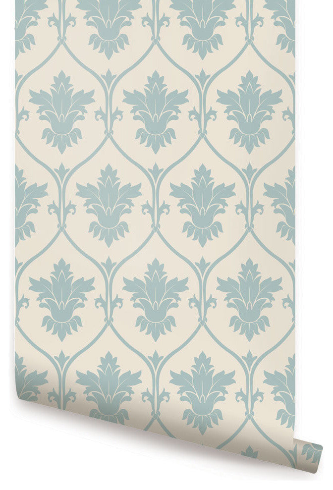 Damask Wallpaper, Peel and Stick, Dusky Blue, 24"w X 60"h