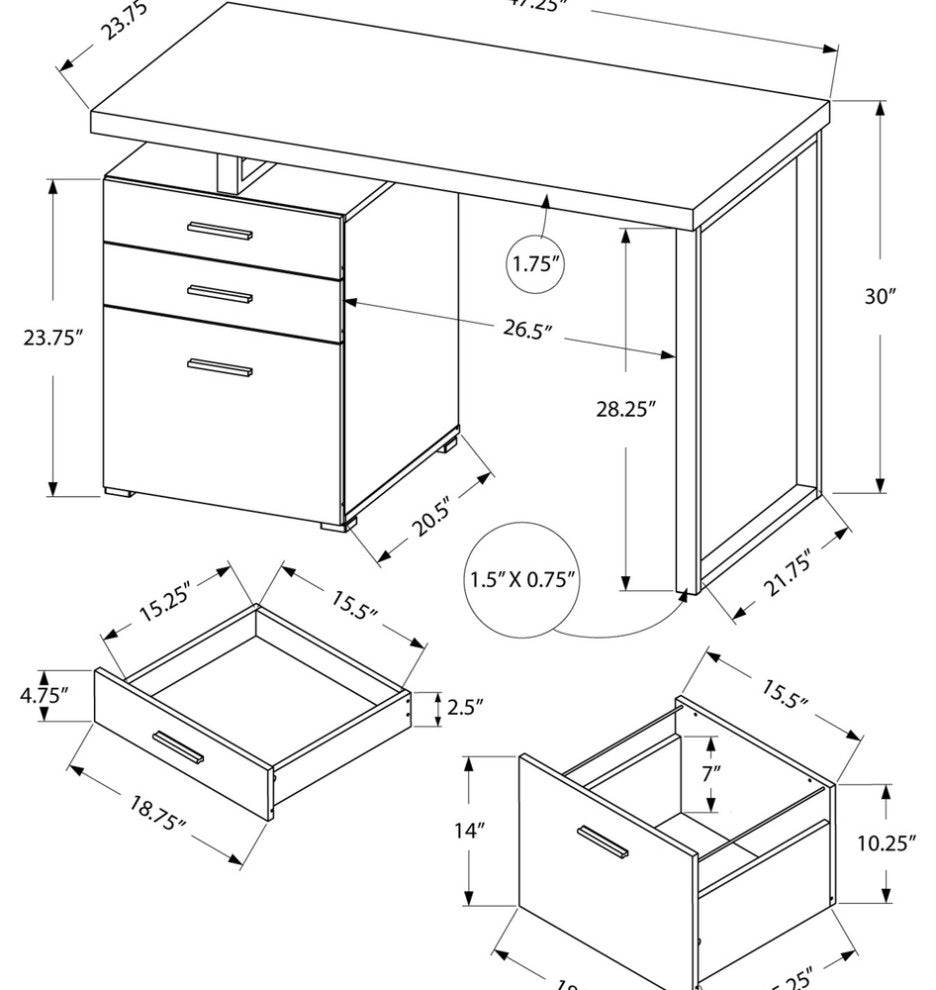 24" Black Rectangular Computer Desk With Three Drawers