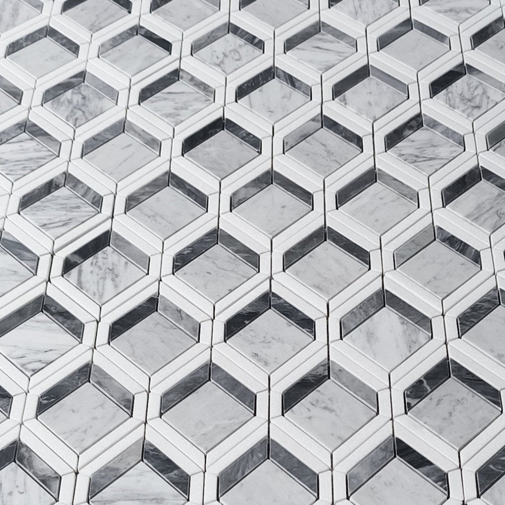 Carrara White Marble Illusion 3D Square Geometry Mosaic Tile White, 1 sheet