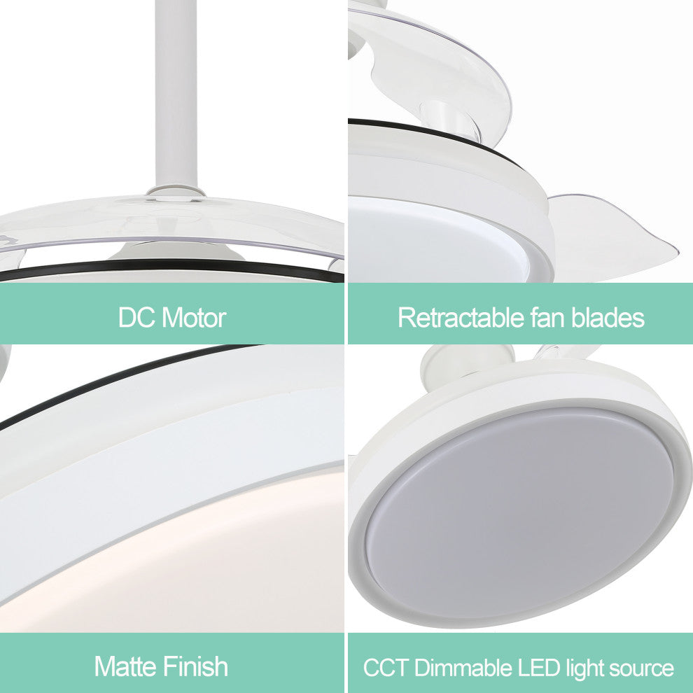 42 inch Contemporary Retractable 3-blade LED Ceiling Fan With Light, Remote, White
