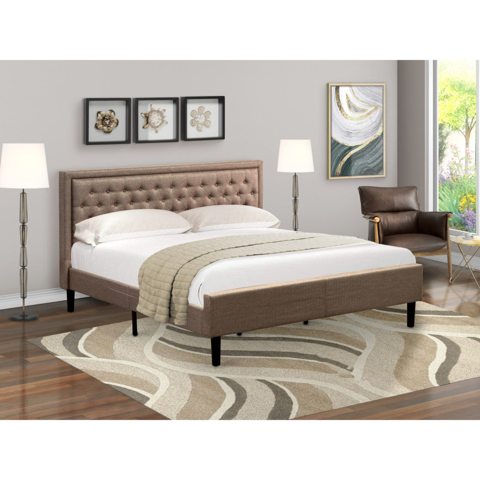 Platform King Size Bed, Dark Khaki Linen Fabric Bed Headboard