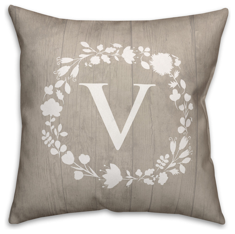 V Rustic Wreath Monogram Spun Poly Pillow, 18x18