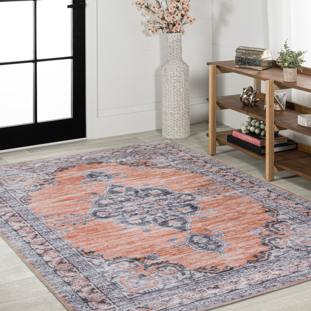 Wincer Chenille Cottage Medallion Washable Rug, Orange/Gray, 3 X 5