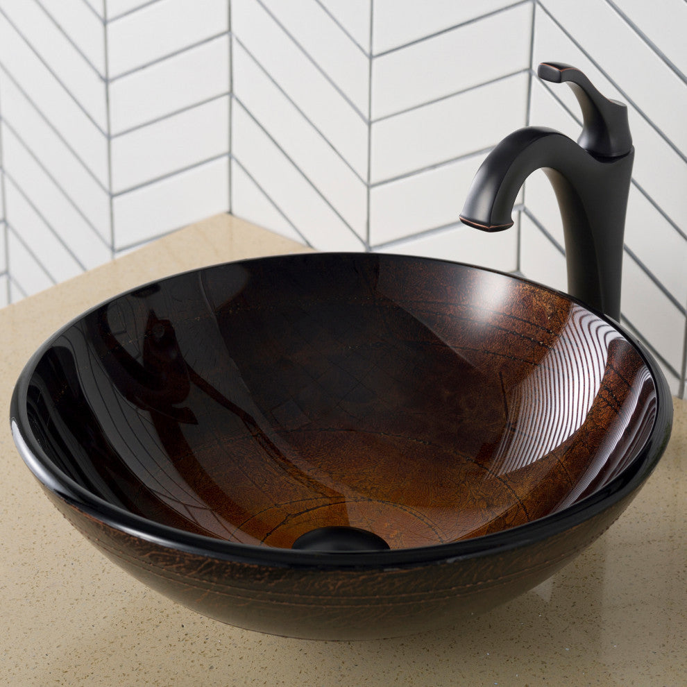 Glass Vessel Sink, Bathroom Arlo Faucet, PU Drain, Mounting Ring, Oil Rub Bronze