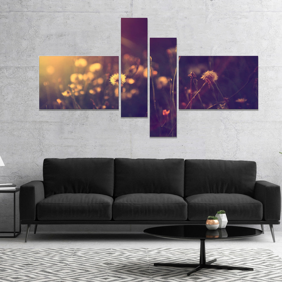 Vintage Dandelion Meadow Photo, Large Floral Canvas Art Print, 60"x32", 4 panels