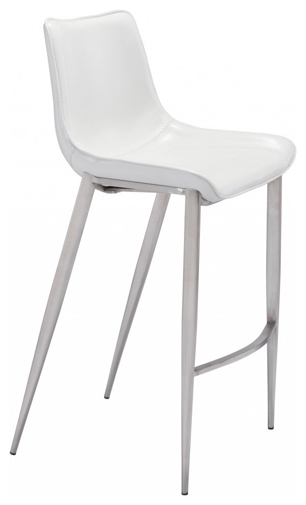 Set of Two White Faux Leather and Steel Modern Stitch Bucket Bar Chairs