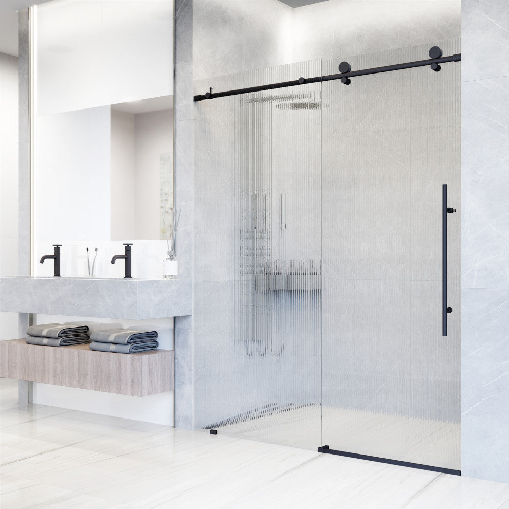 VIGO Elan E-Class 56" to 60" W x 76" H Frameless Sliding Shower Door, Matte Black, Fluted Glass, Right