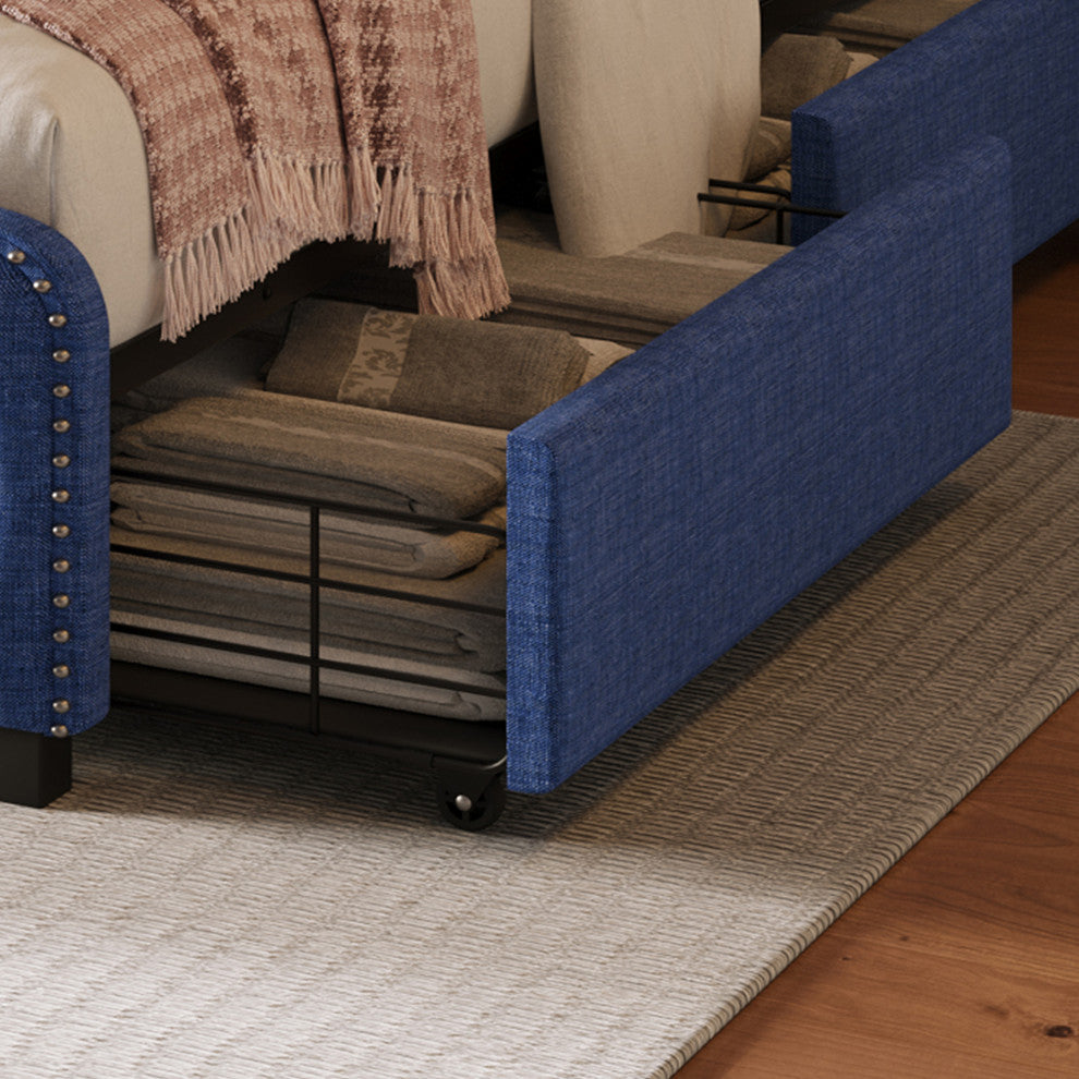 Metal Platform Bed with Headboard, Upholstered and 4-Drawer, Blue, 78.7" X 58.3"